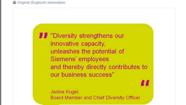 Janin Kugel von Siemens schreibt anlässlich des DDT17 auf Englisch: „Diversity strenghtens our innovative capacity, unleashes the potential of Siemens‘ employees and thereby directly contributes to our business success.“