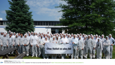 Die Mitarbeitenden der NORMA Group stehen zusammen in weißen Maleranzügen und halten ein Plakat mit der Aufschrift ohne Vielfalt ist alles fad.