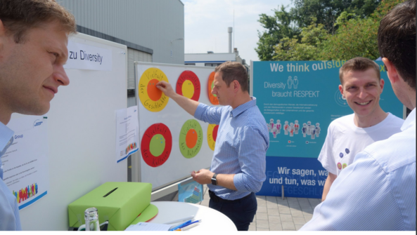 Vier Männer stehen an einem Infostand zu Diversity, einer von ihnen befestigt etwas an einem Brett.