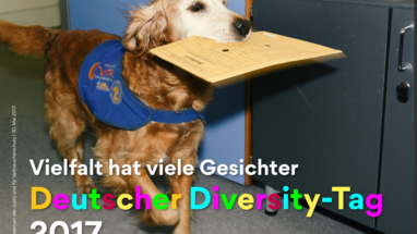 Ein Hund hat einen Ordner in seinem Maul und hat ein bestimmtes Ziel, das BMJV schreibt dazu: Vielfalt hat viele Gesichter.